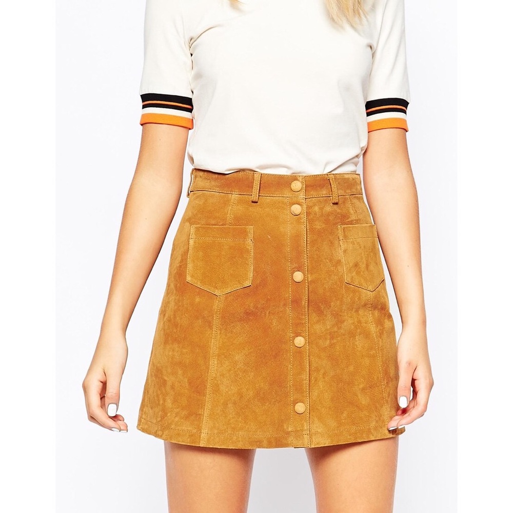 Monki A Line 70s Suede Snap Front Mini Skirt